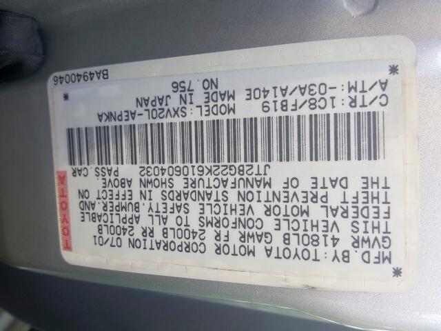 JT2BG22K610604032 - 2001 TOYOTA CAMRY CE  photo 10