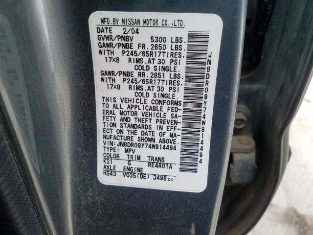 JN8DR09Y74W914494 - 2004 NISSAN PATHFINDER LE  photo 10