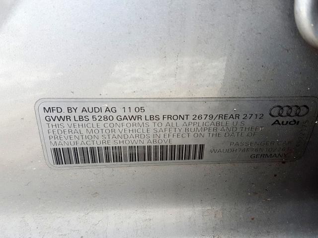 WAUDH74F76N102261 - 2006 AUDI A6 3.2 QUATTRO  photo 10