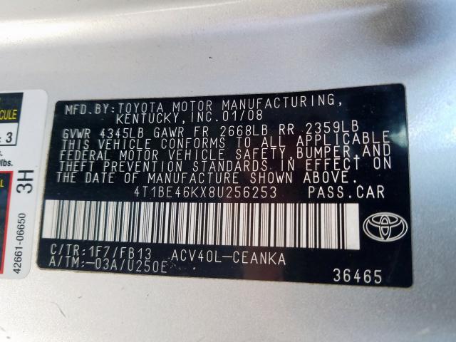 4T1BE46KX8U256253 - 2008 TOYOTA CAMRY CE  photo 10