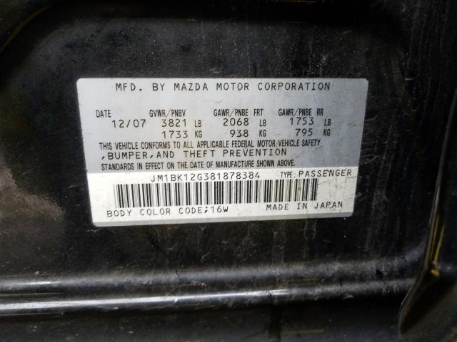 JM1BK12G381878384 - 2008 MAZDA 3 I  photo 10