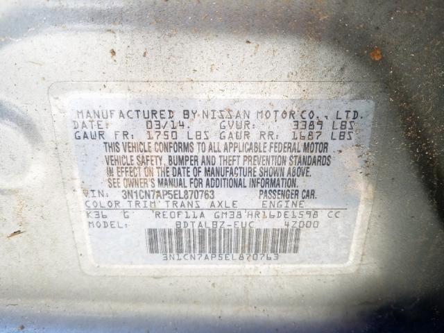 3N1CN7AP5EL870763 - 2014 NISSAN VERSA S  photo 10