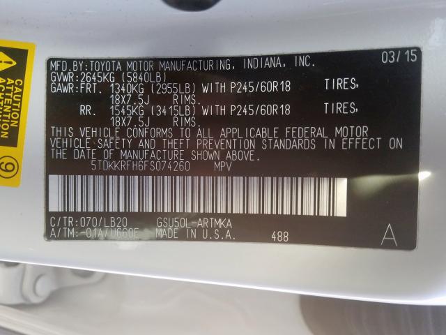 5TDKKRFH6FS074260 - 2015 TOYOTA HIGHLANDER XLE  ფოტო 10