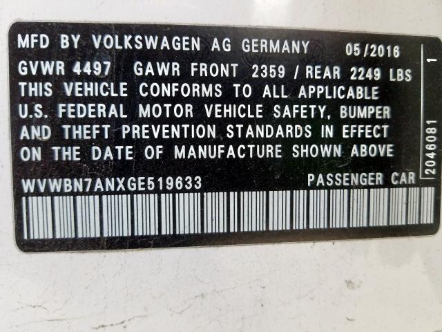 WVWBN7ANXGE519633 - 2016 VOLKSWAGEN CC BASE  photo 10