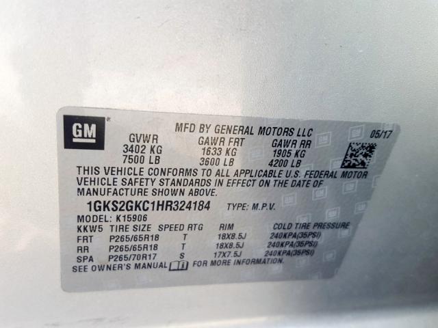 1GKS2GKC1HR324184 - 2017 GMC YUKON XL K1500 SLT  photo 10