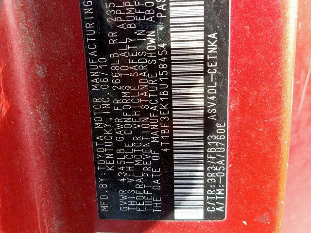 4T1BF3EK1BU158454 - 2011 TOYOTA CAMRY BASE  photo 10