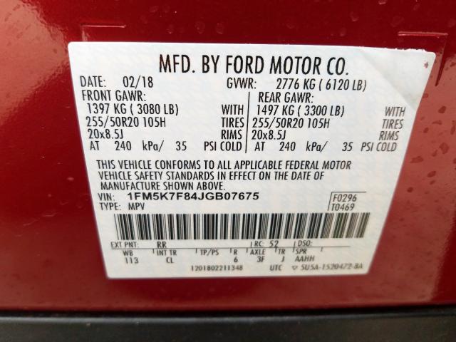 1FM5K7F84JGB07675 - 2018 FORD EXPLORER LIMITED  photo 10