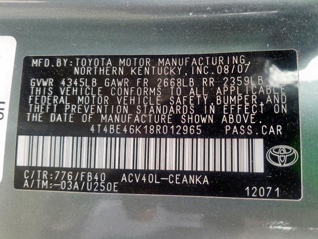 4T4BE46K18R012965 - 2008 TOYOTA CAMRY CE  photo 10