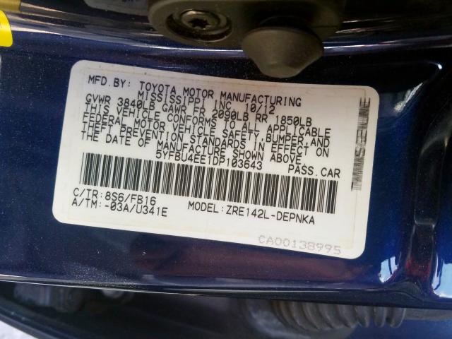 5YFBU4EE1DP103643 - 2013 TOYOTA COROLLA BASE  照片 10