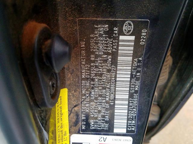 4T1BK3DB6CU446727 - 2012 TOYOTA AVALON BASE  照片 10