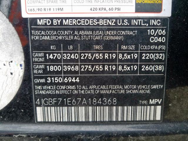 4JGBF71E67A184368 - 2007 MERCEDES-BENZ GL 450 4MATIC  photo 10