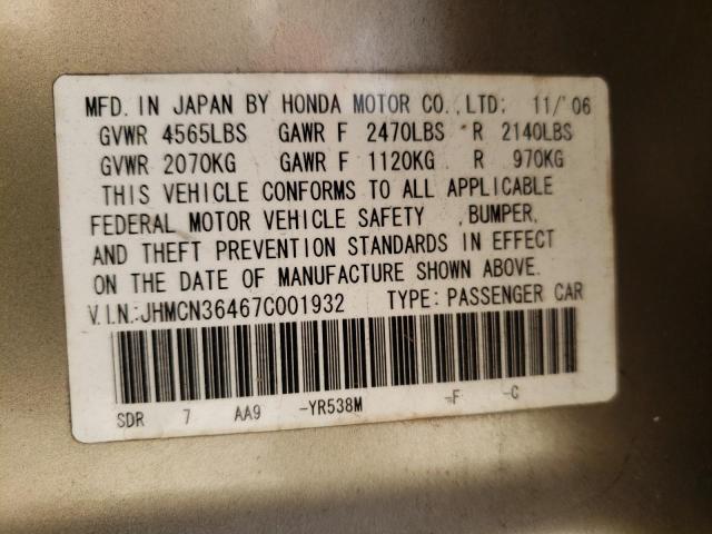 JHMCN36467C001932 - 2007 HONDA ACCORD HYBRID GOLD photo 10