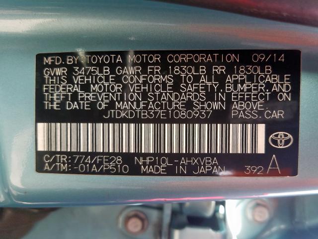 JTDKDTB37E1080937 - 2014 TOYOTA PRIUS C  photo 10