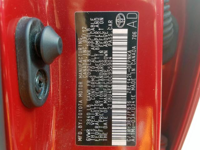 2T1BU4EE0DC955904 - 2013 TOYOTA COROLLA BASE  照片 10