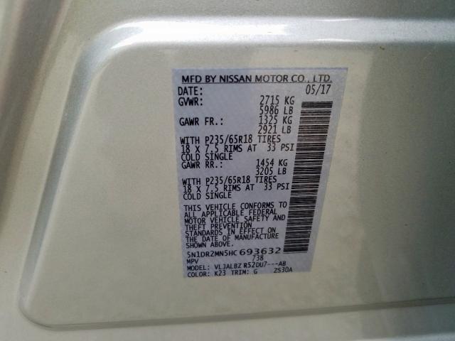 5N1DR2MN5HC693632 - 2017 NISSAN PATHFINDER S  photo 10