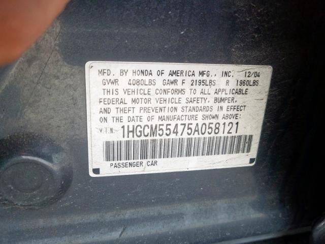 1HGCM55475A058121 - 2005 HONDA ACCORD LX  photo 10