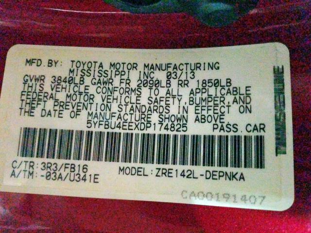 5YFBU4EEXDP174825 - 2013 TOYOTA COROLLA BASE  照片 10