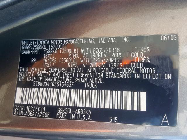 5TBRU34165S454637 - 2005 TOYOTA TUNDRA ACCESS CAB SR5  photo 10