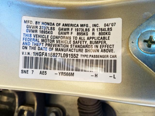 1HGFA16827L091552 - 2007 HONDA CIVIC EX  photo 10