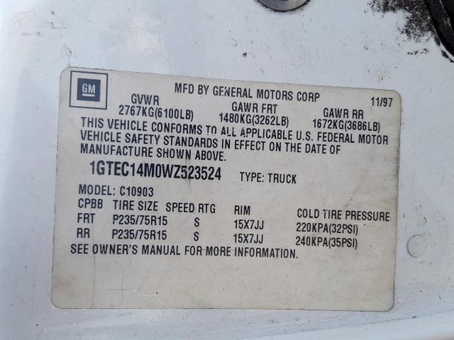 1GTEC14M0WZ523524 - 1998 GMC SIERRA C1500  photo 10