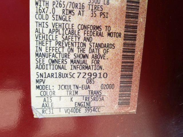 5N1AR18UX5C729910 - 2005 NISSAN PATHFINDER LE  ფოტო 10