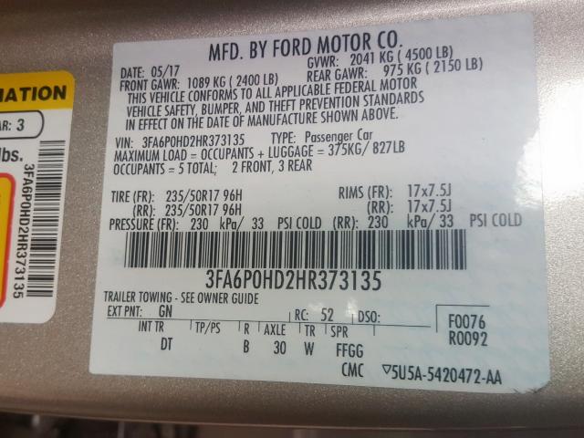 3FA6P0HD2HR373135 - 2017 FORD FUSION SE  photo 10