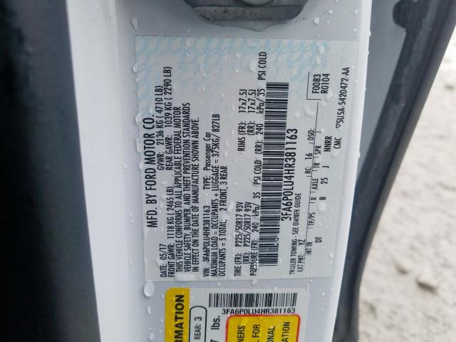 3FA6P0LU4HR381163 - 2017 FORD FUSION SE HYBRID  photo 10