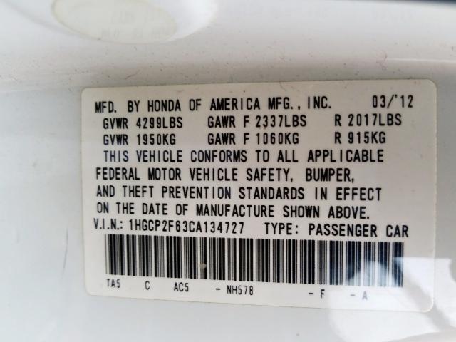 1HGCP2F63CA134727 - 2012 HONDA ACCORD SE  photo 10