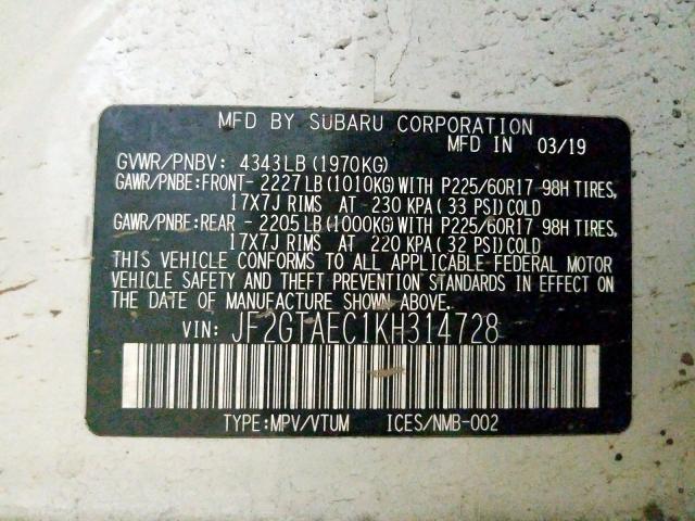 JF2GTAEC1KH314728 - 2019 SUBARU CROSSTREK PREMIUM  foto 10