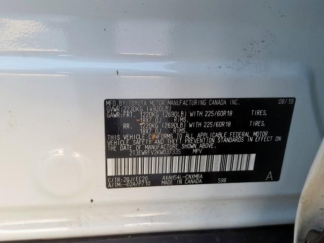 2T3EWRFV2KW037335 - 2019 TOYOTA RAV4 XSE  photo 10