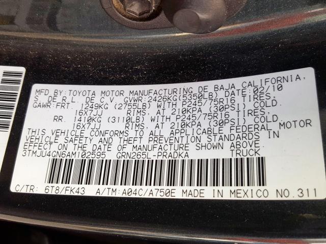 3TMJU4GN6AM102595 - 2010 TOYOTA TACOMA DOUBLE CAB PRERUNNER  photo 10