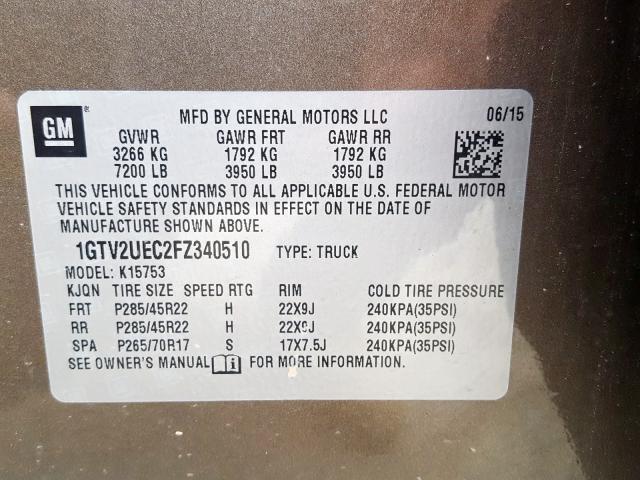 1GTV2UEC2FZ340510 - 2015 GMC SIERRA K1500 SLE  photo 10