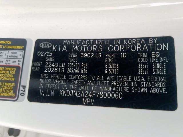 KNDJN2A24F7800060 - 2015 KIA SOUL  photo 10