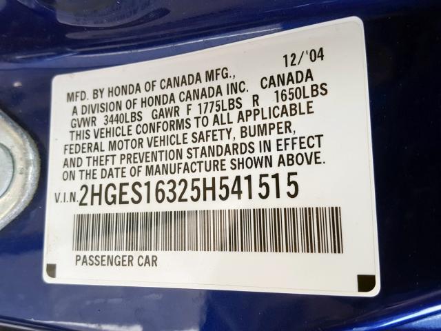 2HGES16325H541515 - 2005 HONDA CIVIC DX VP  foto 10