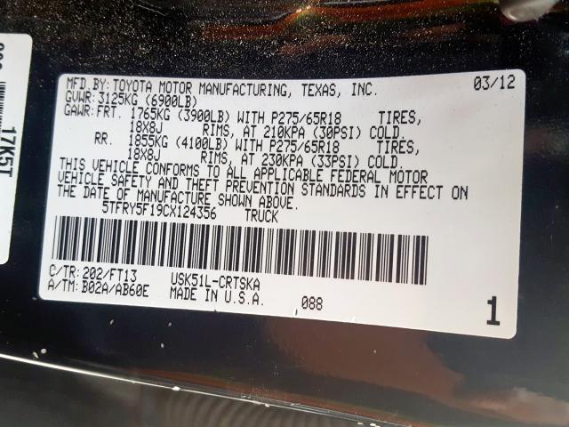 5TFRY5F19CX124356 - 2012 TOYOTA TUNDRA DOUBLE CAB SR5  photo 10