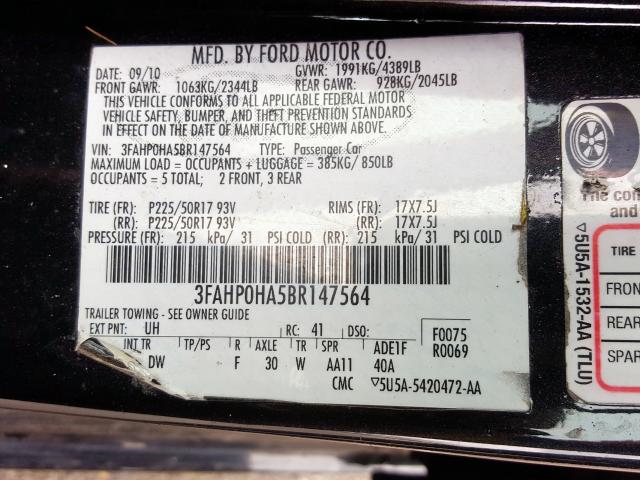 3FAHP0HA5BR147564 - 2011 FORD FUSION SE  photo 10