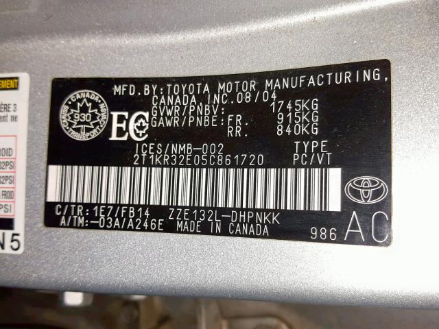 2T1KR32E05C861720 - 2005 TOYOTA COROLLA MA XR GRAY photo 10