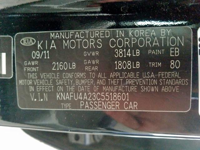 KNAFU4A23C5518601 - 2012 KIA FORTE EX  photo 10