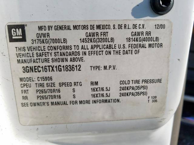 3GNEC16TX1G183612 - 2001 CHEVROLET SUBURBAN C1500  photo 10