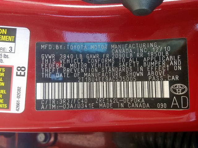 2T1BU4EE9AC535005 - 2010 TOYOTA COROLLA BASE  照片 10