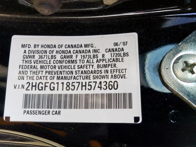 2HGFG11857H574360 - 2007 HONDA CIVIC EX  photo 10