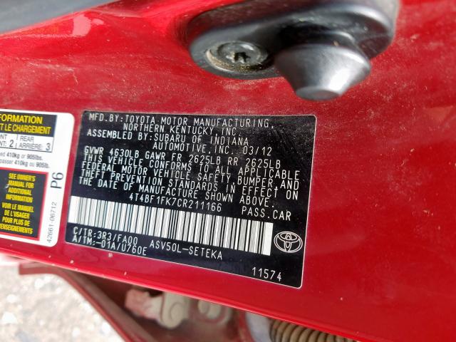 4T4BF1FK7CR211166 - 2012 TOYOTA CAMRY BASE  photo 10