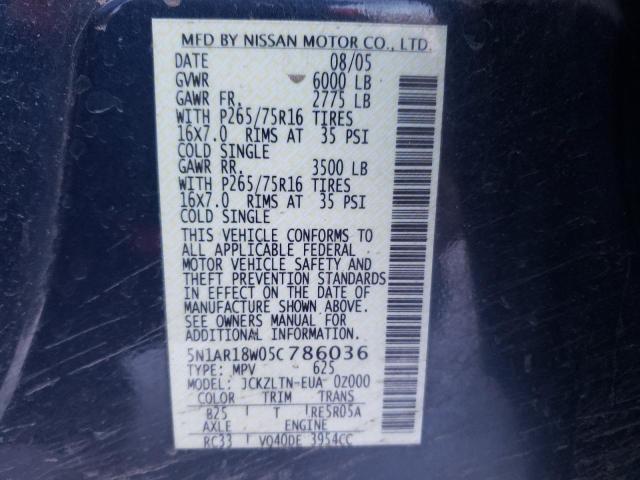 5N1AR18W05C786036 - 2005 NISSAN PATHFINDER LE 蓝色 照片 10