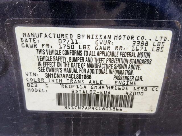 3N1CN7AP4CL801866 - 2012 NISSAN VERSA S  photo 10