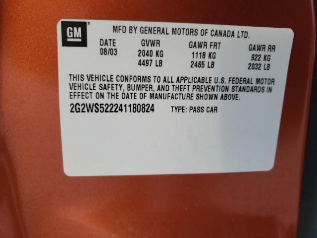 2G2WS522241180824 - 2004 PONTIAC GRAND PRIX GT2 ORANGE photo 10