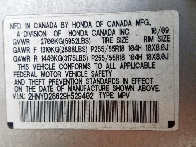 2HNYD28629H529402 - 2009 ACURA MDX TECHNOLOGY  photo 10