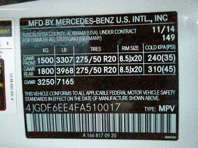 4JGDF6EE4FA510017 - 2015 MERCEDES-BENZ GL 450 4MATIC  photo 10