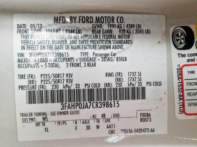 3FAHP0JA7CR398615 - 2012 FORD FUSION SEL  photo 10