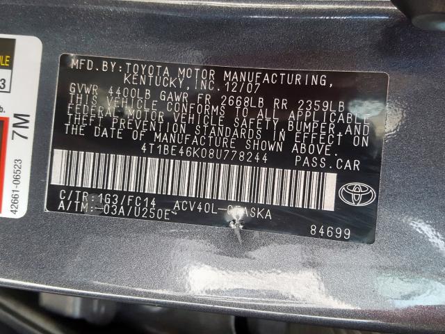 4T1BE46K08U778244 - 2008 TOYOTA CAMRY CE  photo 10