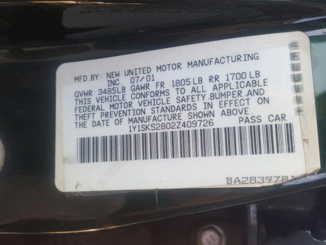 1Y1SK52802Z409726 - 2002 CHEVROLET GEO PRIZM BASE  photo 10